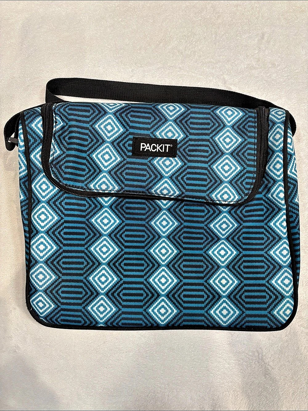 PackIt Freezable Lunch Bag Blue Geometric Insulated Shoulder Tote